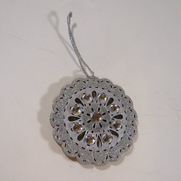 Silver Circle Medallion Laser Cut Wooden Ornament with Rhinestones Hangs - Picture 3 of 7